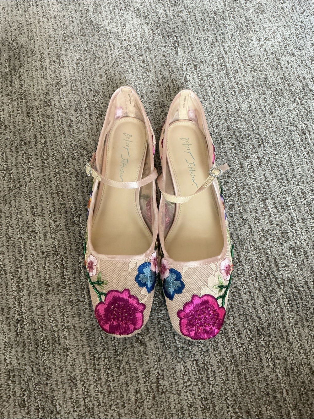 Betsey Johnson Pink Floral Embroidered Mary Jane Flats